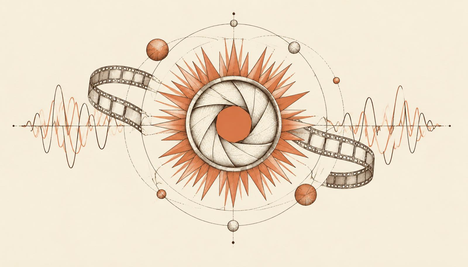 Hand-drawn aperture opening into a terracotta sunburst, with film strip and sound waves